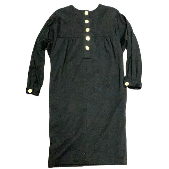 Vintage 70s N.R.1 Black Wool Double Knit Gold Button LS Shift Midi Dress Size 10 - Picture 3 of 14